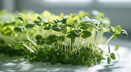 Leinwandbilder - Basil micro greens on light background, soft shadows cast by them. Generative AI.