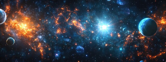 Poster - 2D illustration featuring a 3D cartoon rendering of a deep vast space filled with bright stars planets and moons This artwork includes various science fiction backdrops showcasing alien solar syst