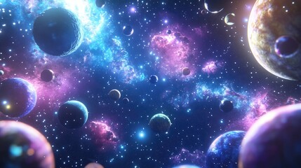 Wall Mural - Cartoon style 3D rendering depicting planets and a galaxy illustrating science fiction themes The beauty of deep space unfolds with billions of galaxies in this cosmic art backdrop