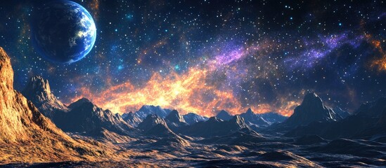 Wall Mural - Rendering of a landscape featuring the Milky Way galaxy in a 3D cartoon style showcasing an Earth view from space with the Milky Way