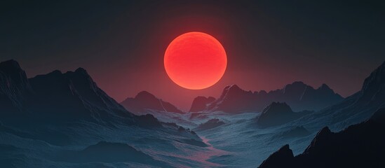 Fototapete - Rendering of a red sun in a black valley in 3D cartoon style
