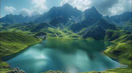 Wall Mural - The green lake, surrounded by towering peaks, is located on an isolated mountain peak. Generative AI.