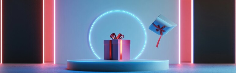 Poster - Abstract background featuring a geometric circular podium for showcasing products or special occasions accompanied by a flying open gift box adorned with a red ribbon set against a white backdrop