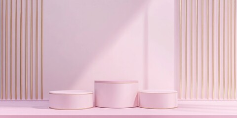 Aufkleber - Light pastel lavender pink 3D rendering featuring a simple product display with three podiums and a minimal background composition accented with golden lines ideal for showcasing luxury items