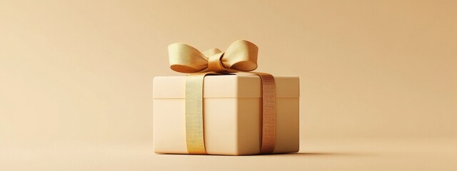 Aufkleber - Minimalistic product backdrop for festive occasions and promotional events Beige gift box adorned with a golden ribbon bow set against a beige background 3D rendered illustration with included cli