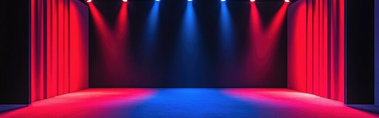 Aufkleber - Red light stage setup featuring a neon backdrop spotlights textured floor ideal for showcasing products in a studio environment