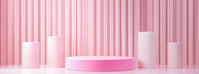 Fototapete - Pastel pink and white podiums in a geometric scene background suitable for showcasing playful accessories fashion items cosmetics or beauty products 3D rendering