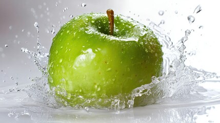 green apple with water splash isolated on white background