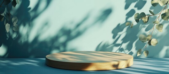 Poster - Abstract wooden podium with eucalyptus leaves and shadows on a blue background Mockup display for product presentation 3D rendering Minimalistic concept Advertising template