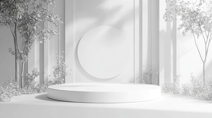 Poster - Realistic 3D rendering of a round white podium stage in a white environment