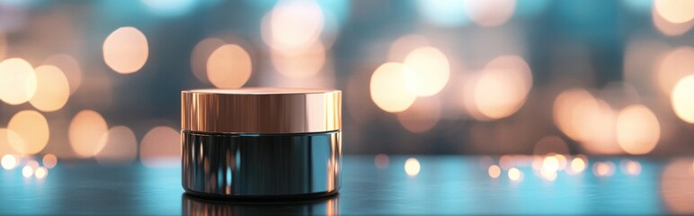 Poster - Empty cylinder container with a bokeh backdrop Elegant cosmetic product showcase scene 3D rendering
