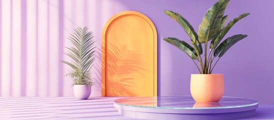 Poster - Peach Fuzz is the trend color for 2024 featuring an abstract podium with a door sunshade and tropical plant pot The stage display on a glass pedestal is set against a purple background showcasing a