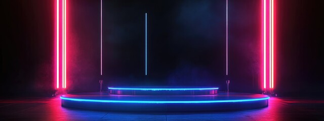 Poster - Neon Lights and Glowing Beams on a Futuristic Podium in a Sci Fi Cyber Dance Stage with a Dark Background 3D Rendering Illustration