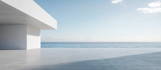 Leinwandbilder - Empty gray concrete floor in minimalist architecture 3D rendering of an abstract white structure with a backdrop of beach and sea