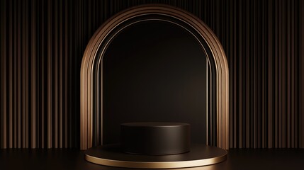 Aufkleber - Dark brown 3D rendered cylinder podium with golden accents featuring a minimalistic composition and an arch design for a luxurious appearance