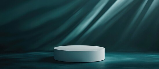 Poster - Minimal 3D Render of a White Cylinder Podium on an Abstract Dark Teal Background with Triangular Light Highlighting the Product