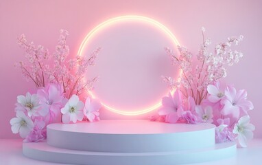 Poster - Cosmetic display stand with flowers on a pastel background 3D rendering design