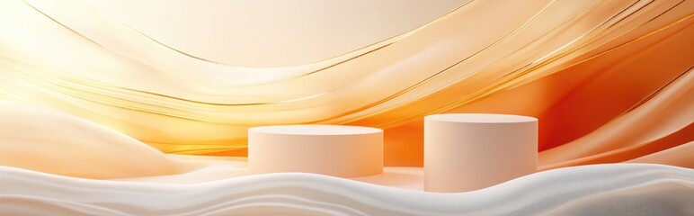 Wall Mural - Minimal 3D rendering of a light beige and pastel orange luxury cylinder podium set against a wavy textile background featuring an abstract composition with golden lines