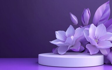 Poster - Natural purple background featuring a white podium mockup and a beautiful flower providing an empty display area for product showcasing and presentations 3D rendering