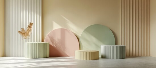 Poster - Abstract geometric shapes with pastel colors in a minimal design for product display podium 3D render