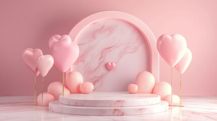 Aufkleber - Pastel Marble Podium with Heart Decorations Backdrop 3D Rendering