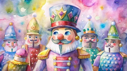 Watercolor nutcracker soldiers in festive colors, representing holiday cheer and celebration on bright background