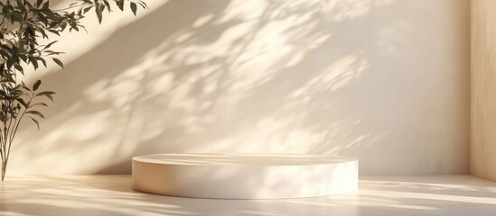 Poster - Empty beige and white podium illuminated by dappled sunlight with leaf foliage shadows on a cream wall and floor creating a backdrop suitable for luxury organic cosmetic and skincare product displ