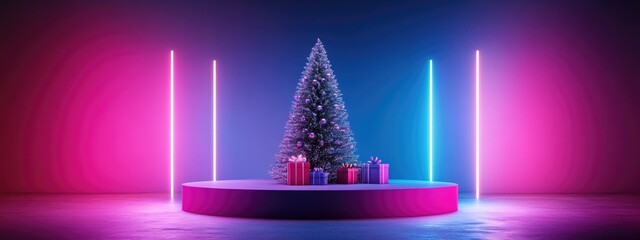Aufkleber - Christmas tree and gift box design for holiday decoration mock up podium for product display abstract minimal concept showcase geometric background 3D rendering
