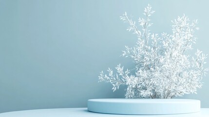 Aufkleber - Elegant classic podium featuring a white plant against a soft blue background 3D rendering 3D illustration