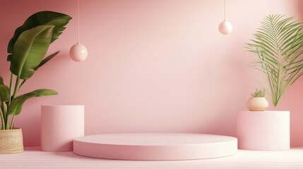 Poster - Premium podium and stand with a pastel light pink background 3D rendering layout featuring a geometric cube composition