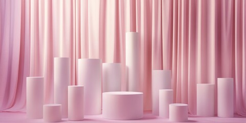 Fototapete - White cylinder boxes arranged against a pink curtain backdrop for product showcasing 3D rendering Luxurious setting