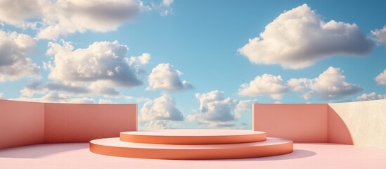 Poster - Podium stage displayed against a peach background featuring blue sky and clouds in a sunny setting 3D render