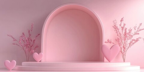 Poster - Love podium stage arch 3D render illustration of a minimal composition for Valentine s Day