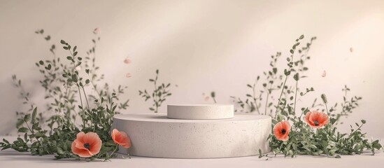 Poster - Premium podium and concrete stand against a pastel light background adorned with natural foliage and poppy flowers Mock up for exhibitions and product presentations 3D render Minimalistic display s