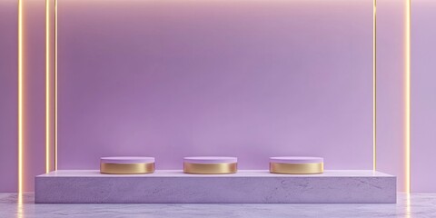 Aufkleber - Light pastel lavender pink 3D rendering featuring a simple product display with three podiums and a minimal background composition accented with golden lines ideal for showcasing luxury items