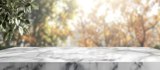 Poster - White stone marble tabletop with a blurred abstract background ideal for showcasing or displaying products