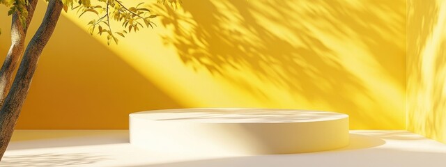 Poster - Product podium mockup showcased against a yellow and white backdrop with tree shadow summer ambiance 3D render illustration