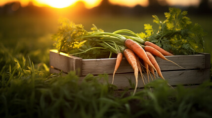 Carrot. Fresh carrots with greens in a black plastic box from the garden on the lush green grass. The harvest in the fall