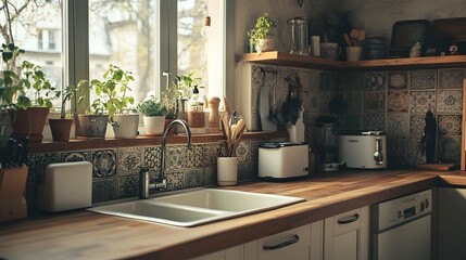 Cozy Vintage Kitchen with Classic Ceramic Sink and Wooden Countertops