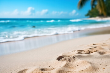 Wall Mural - Tropical beach sand close-up. Background with selective focus and copy space