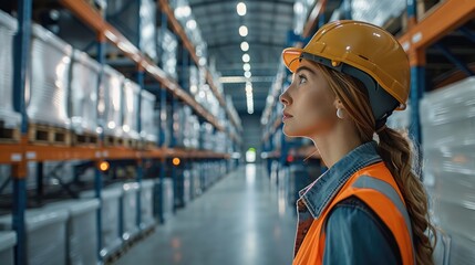 Aufkleber - A woman engineer in a protective vest and helmet, opening the door to a modern warehouse with shelves from white containers for power, show on a digital display that controls the temperature.