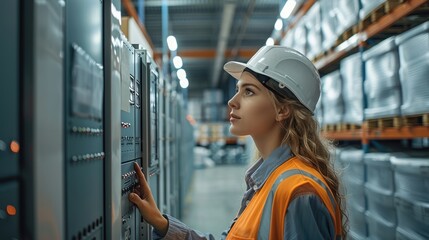 Aufkleber - A woman engineer in a protective vest and helmet, opening the door to a modern warehouse with shelves from white containers for power, show on a digital display that controls the temperature.