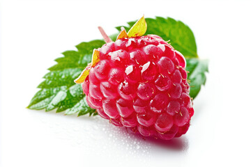 Fresh raspberry with leaf isolated on white background