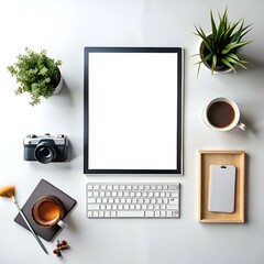 Wall Mural - A clean and minimalist flat lay showcasing a white desktop workspace with a blank tablet. keyboard. coffee. camera. and plants.