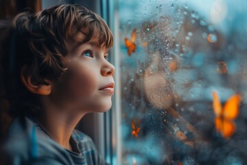 A little boy looking out the window