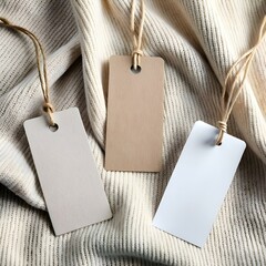 Three blank. minimalist tags with rustic twine.  arranged on a soft. beige knitted fabric.