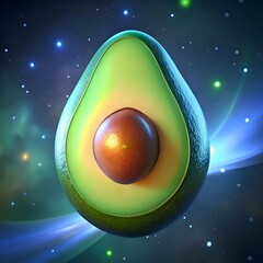 Wall Mural - A vibrant 3D illustration of a halved avocado set against a cosmic background.