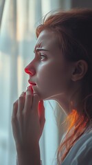 Poster - A young woman with red hair looks out a window with a thoughtful expression.