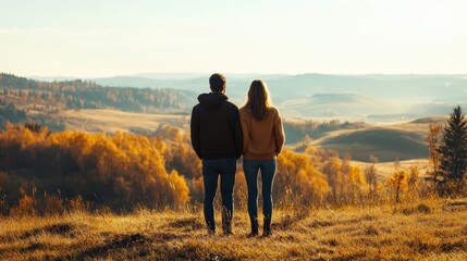 Sticker - Autumn Embrace: Couple Overlooking a Scenic Mountain Landscape