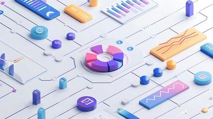 Fototapete - Abstract 3D illustration with colorful data visualization icon and connected chart lines for futuristic digital world technology innovation and information flow concept.